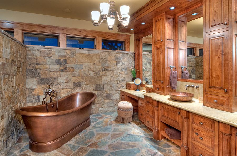 Awesome rustic bathroom with copper bathtub