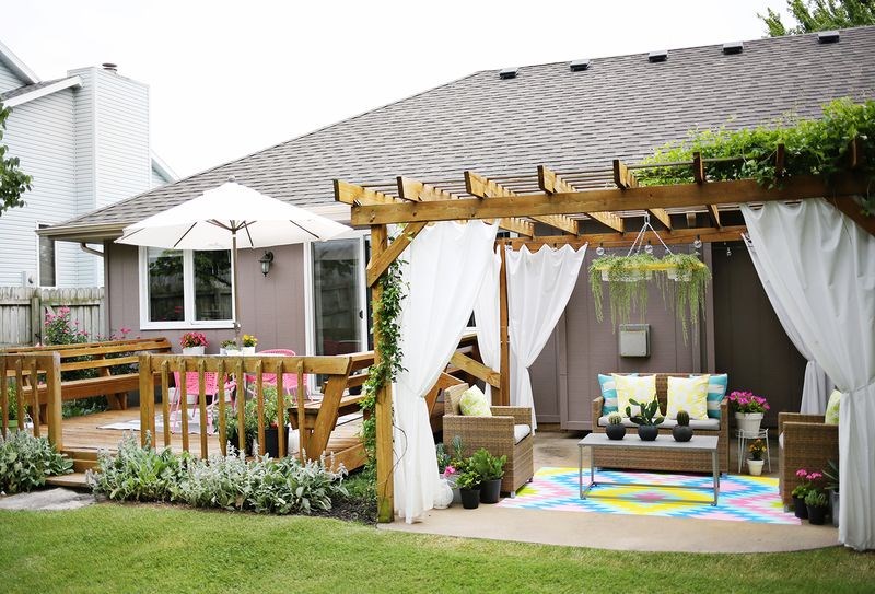 Backyard patio lounge with a pergola