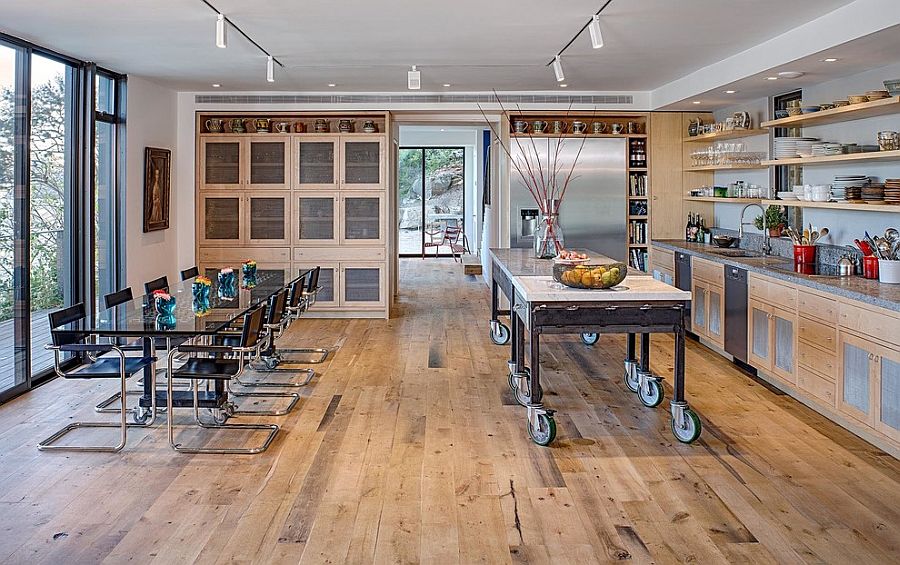 Beautiful kitchen island on wheels brings industrial style to the lakeside house