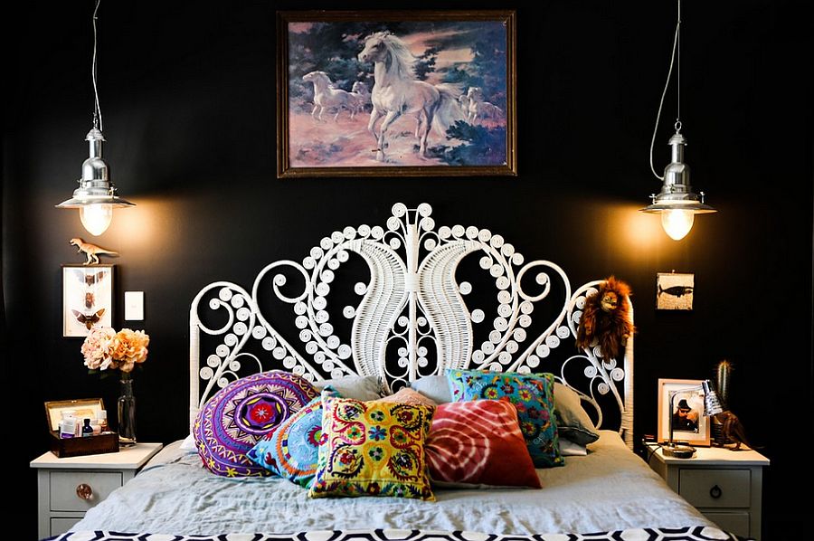 Bedroom in black with classy pendant lights