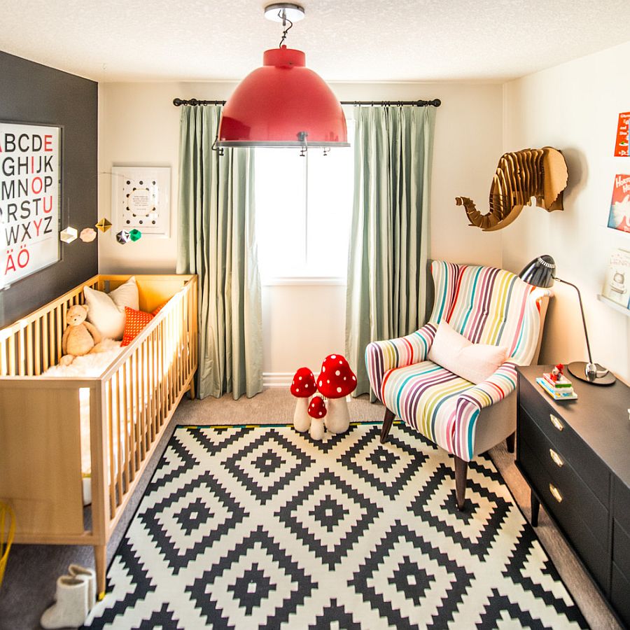 Brilliant pendant adds a splash of red to the nursery [Design: elena del bucchia DESIGN]