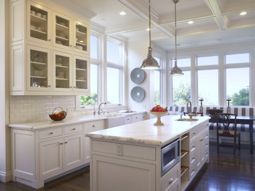 Coffered ceiling in a light and airy kitchen