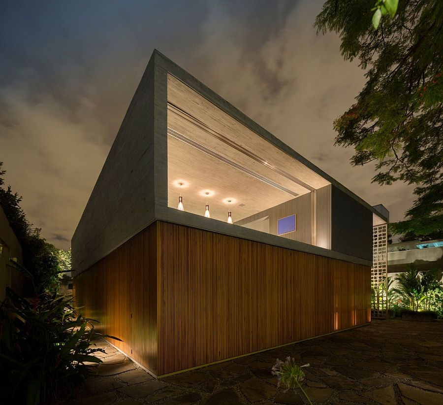 Concrete and wood exterior of the contemporary Brazilian home