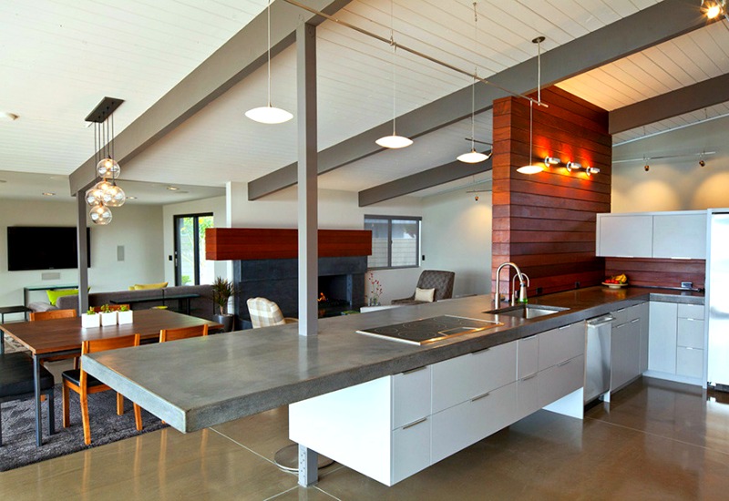 Modern kitchen island with a concrete countertop