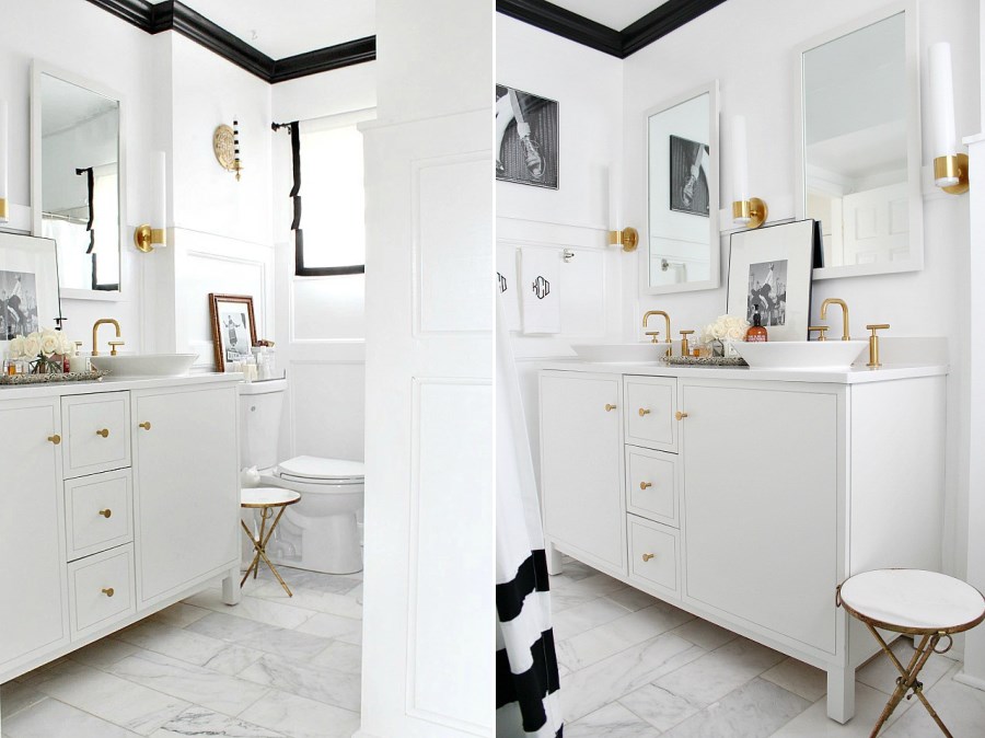 Crisp bathroom makeover with black trim