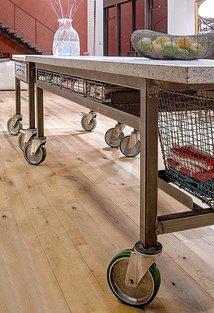 Custom kitchen island on wheels in stainless steel and stone