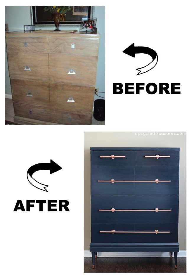 DIY Copper Pipe Drawer Pull on Navy Dresser