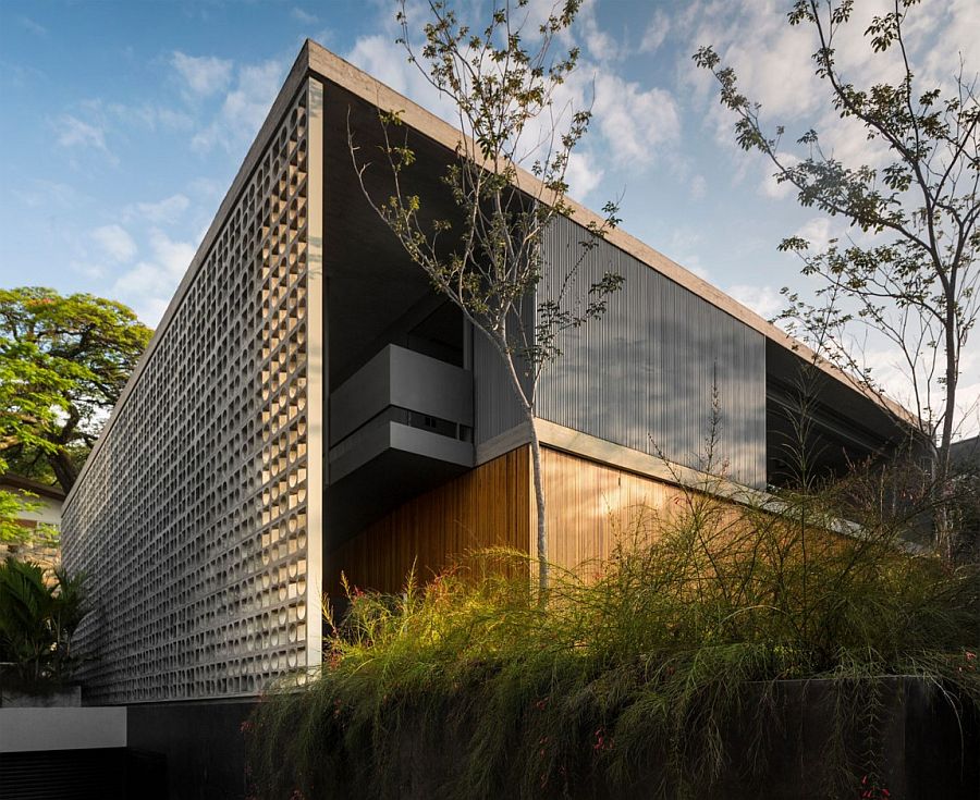 Entrance to the B+B House in Sao Paulo with concrete cut-out installation