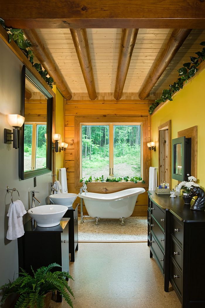 Farmhouse and rustic styles rolled into one inside this narrow bathroom [Design: Littlebranch Farm]