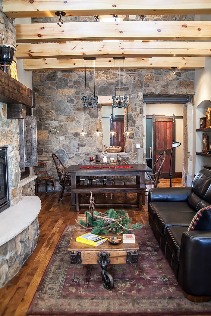 Farmhouse living room and dining with sleek industrial lighting [Design: JDA Design Architects]