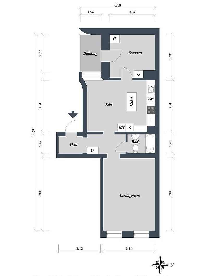 Floor plan of the small Scandinavian apartment in Gothenburg, Sweden