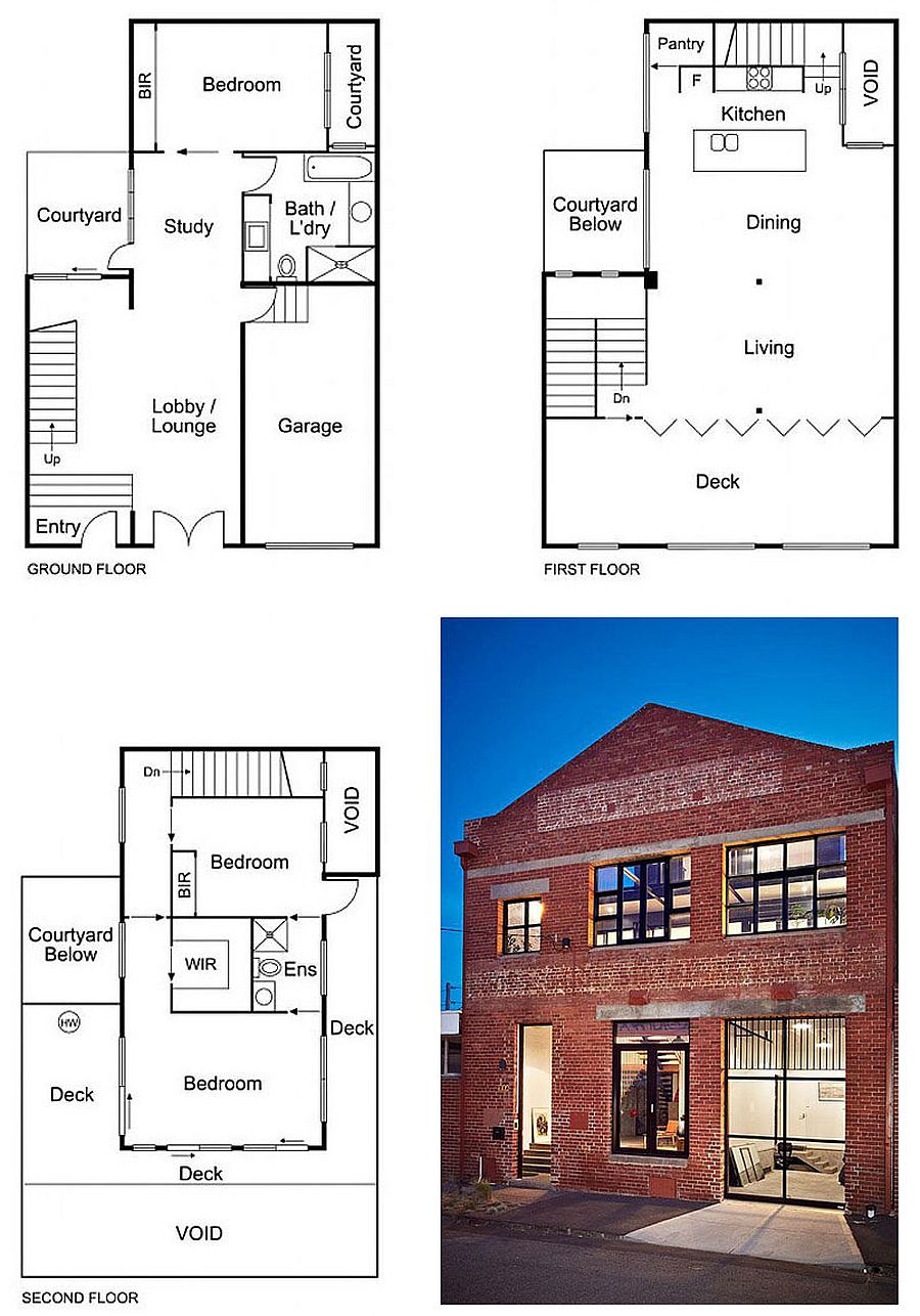 Floor plan of the various levels of the converted warehouse home