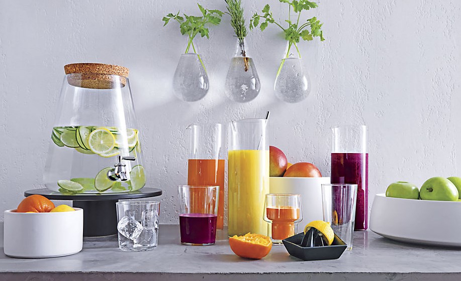 Fruit juice in glass pitchers from CB2