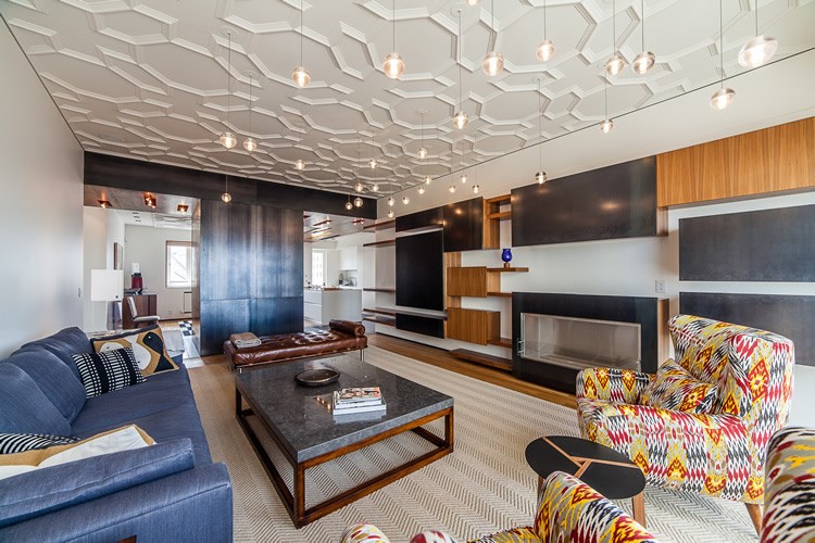 Geometric coffered ceiling in a living room with modern style