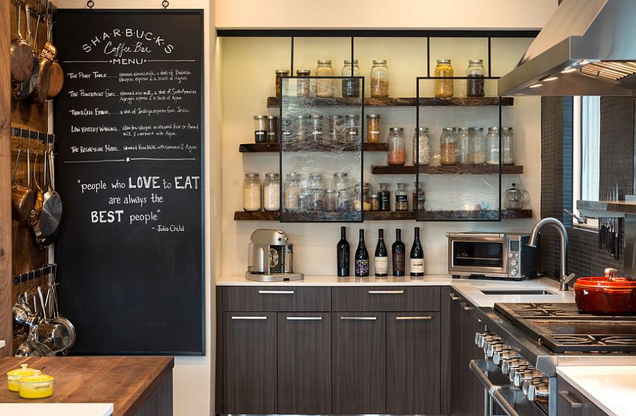 Glass front floating cabinets steal the show in this kitchen [Design: Abby Smith Design]