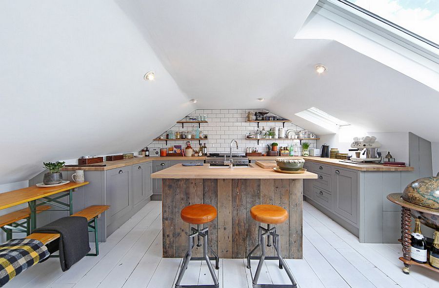 Gorgeous loft kitchen with industrial style and a large skylight