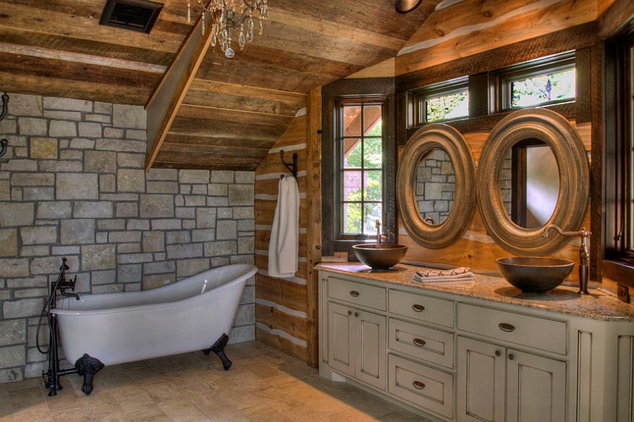 Interesting use of round mirrors in the rustic bathroom [Design: Lands End Development]