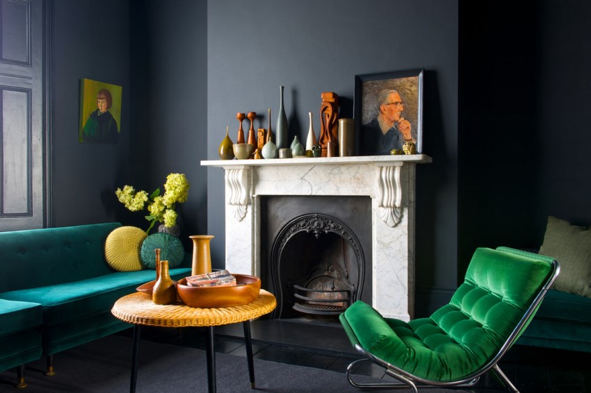 Jewel tones stand out against dark walls