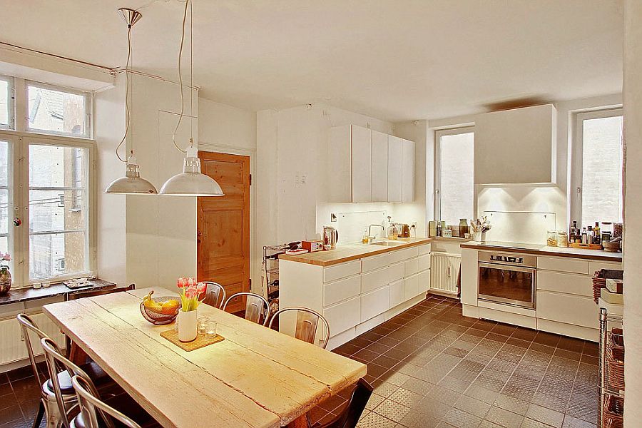 Kitchen and dining space in white with Scandinavian style