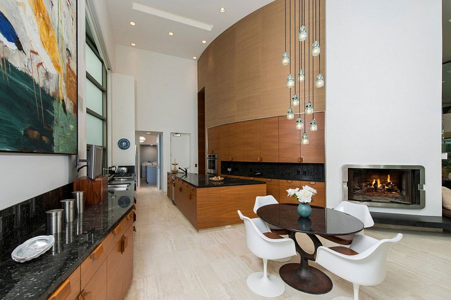 Lavish kitchen space of the Malibu beach home along with a small breakfast area