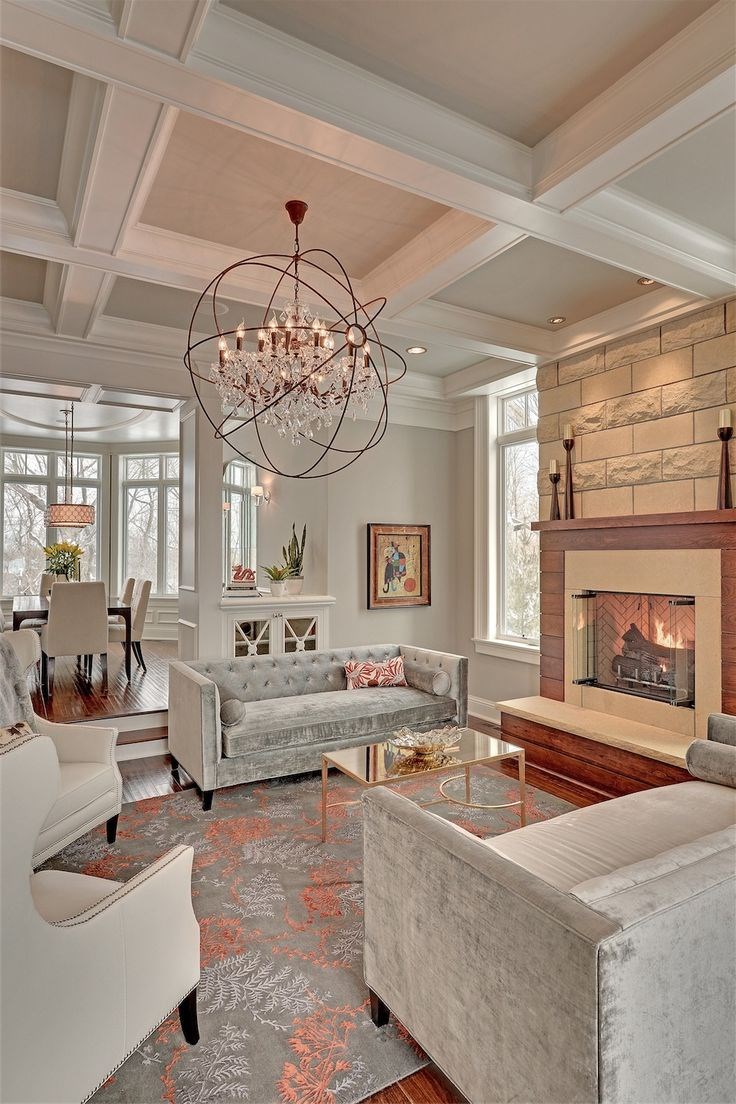 Light and airy living room with a coffered ceiling