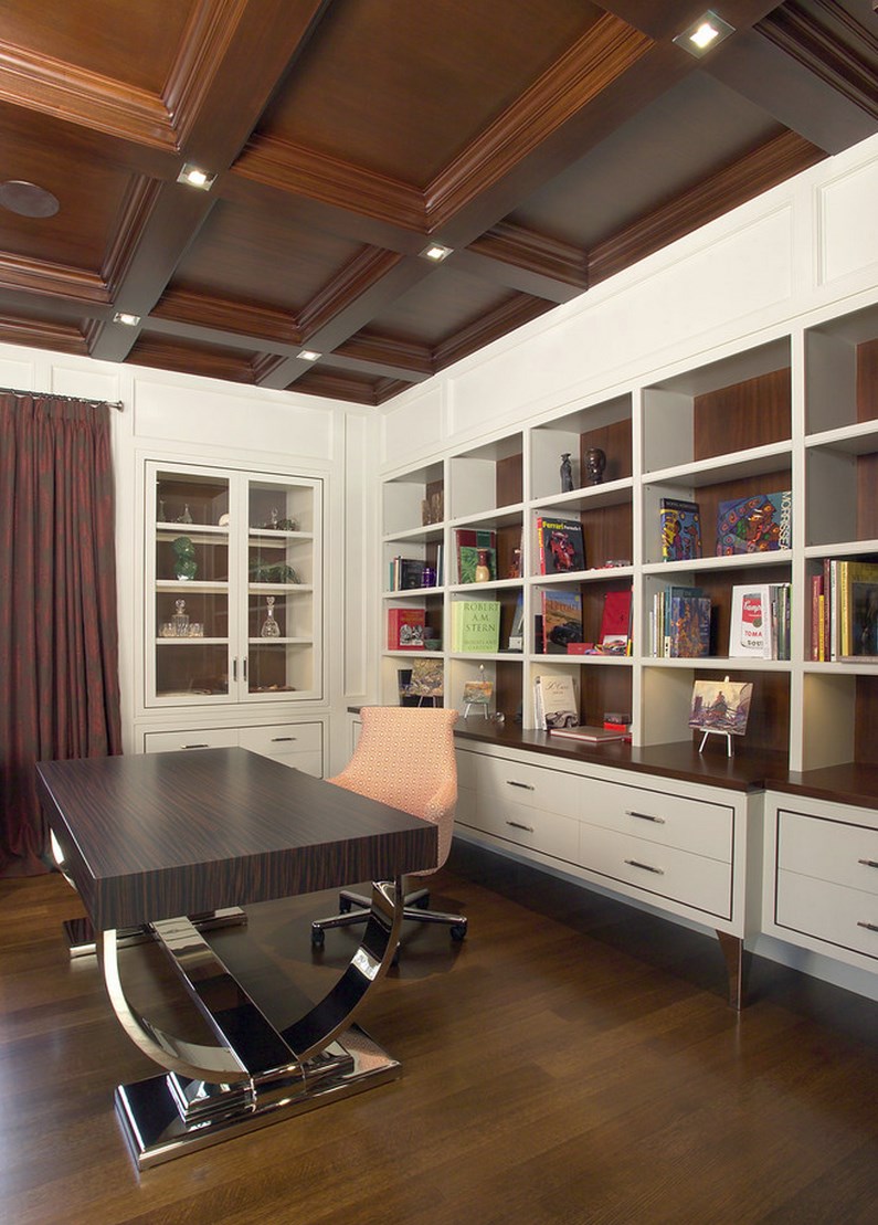 Modern office with a coffered ceiling