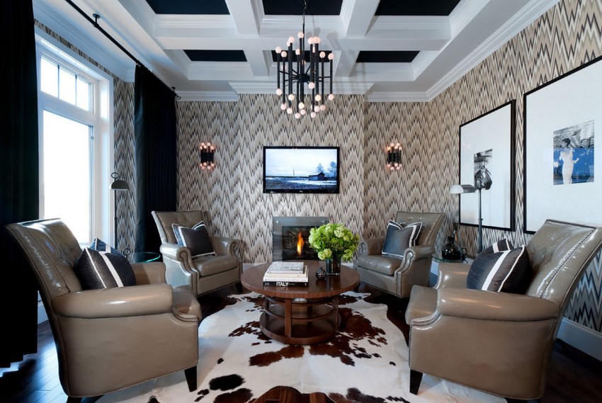 Painted coffered ceiling in a modern living room
