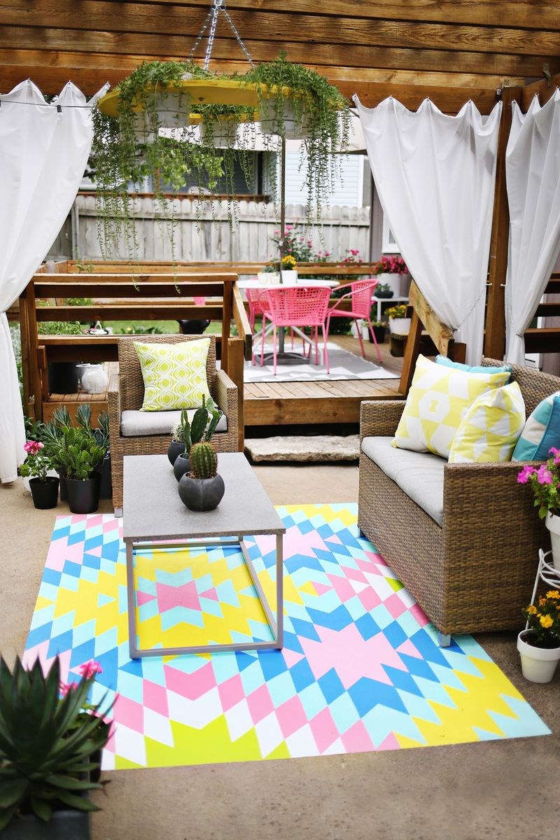 Plant chandelier on an outdoor DIY patio