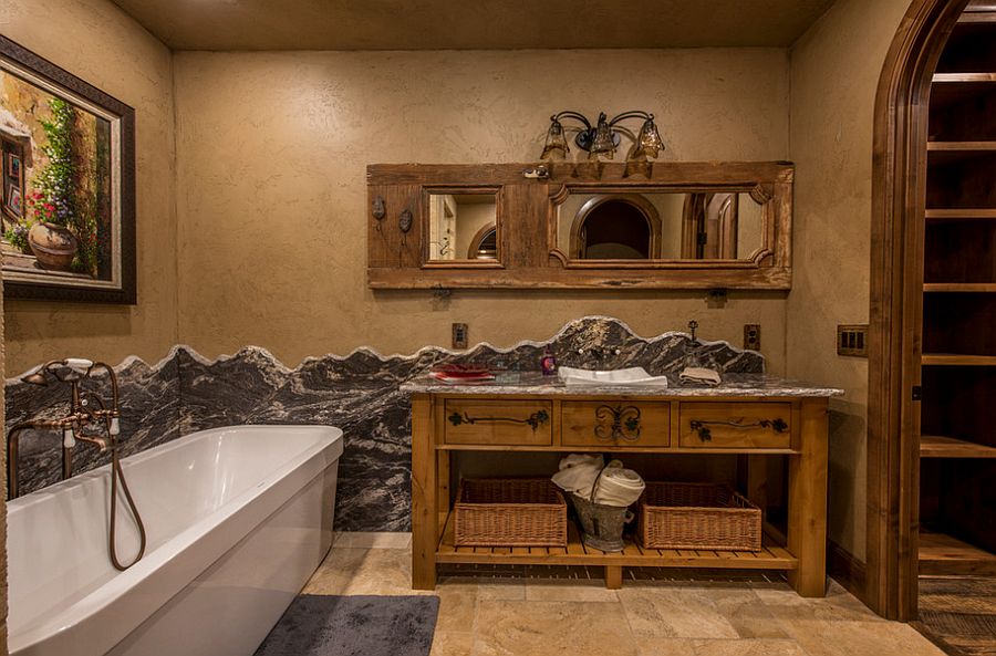 Plastered walls bring rustic magic to the charming bathroom [Design: Cabinet Concepts by Design]