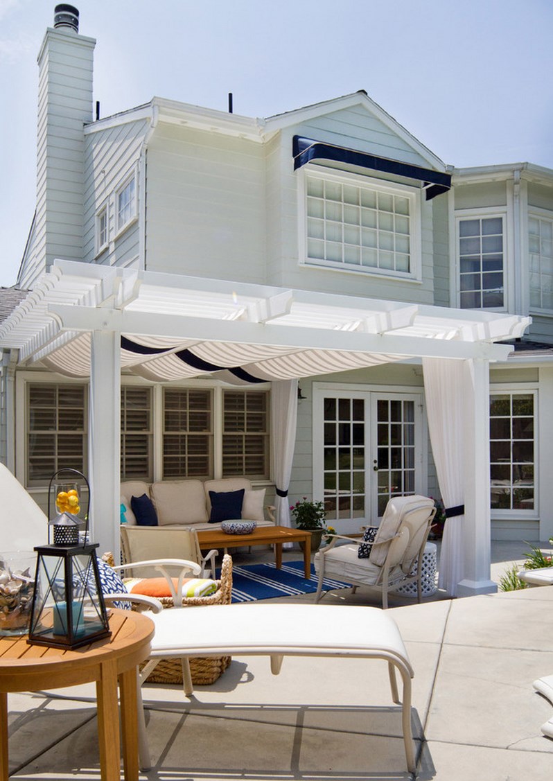 Poolside patio with blue and white accents