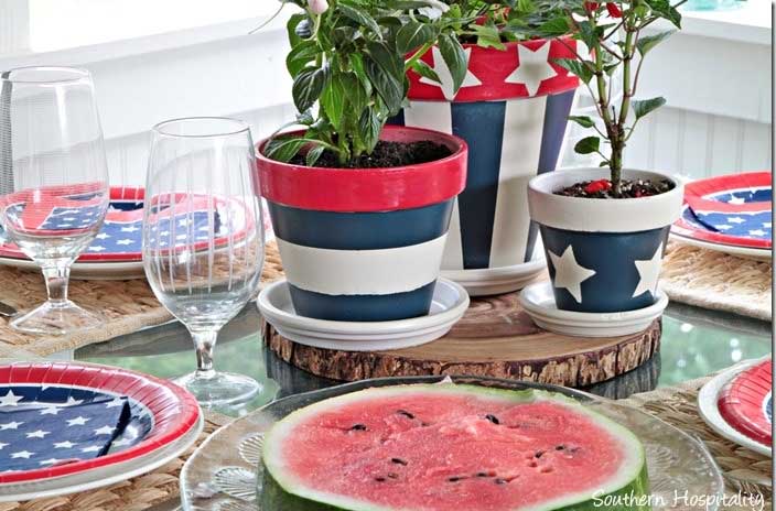 Red white and blue clay pot centerpiece