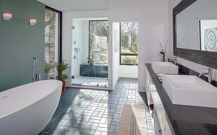 Relaxing spa-styled master bathroom in white with a cool accent wall