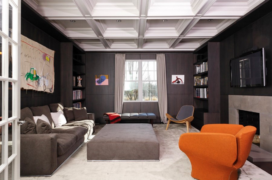 Rich-toned family room with a coffered ceiling