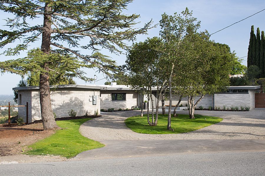 Street facade of the revamped Midcentury home