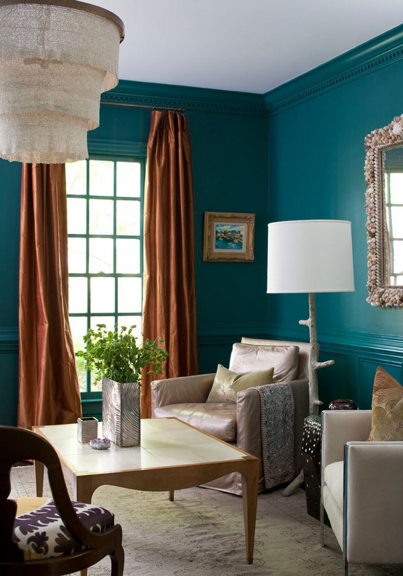 Striking teal room with teal trim