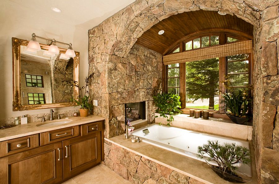 Traditional and rustic design elements come together in this dreamy bathroom [Design: Katy Allen, Nella Designs]