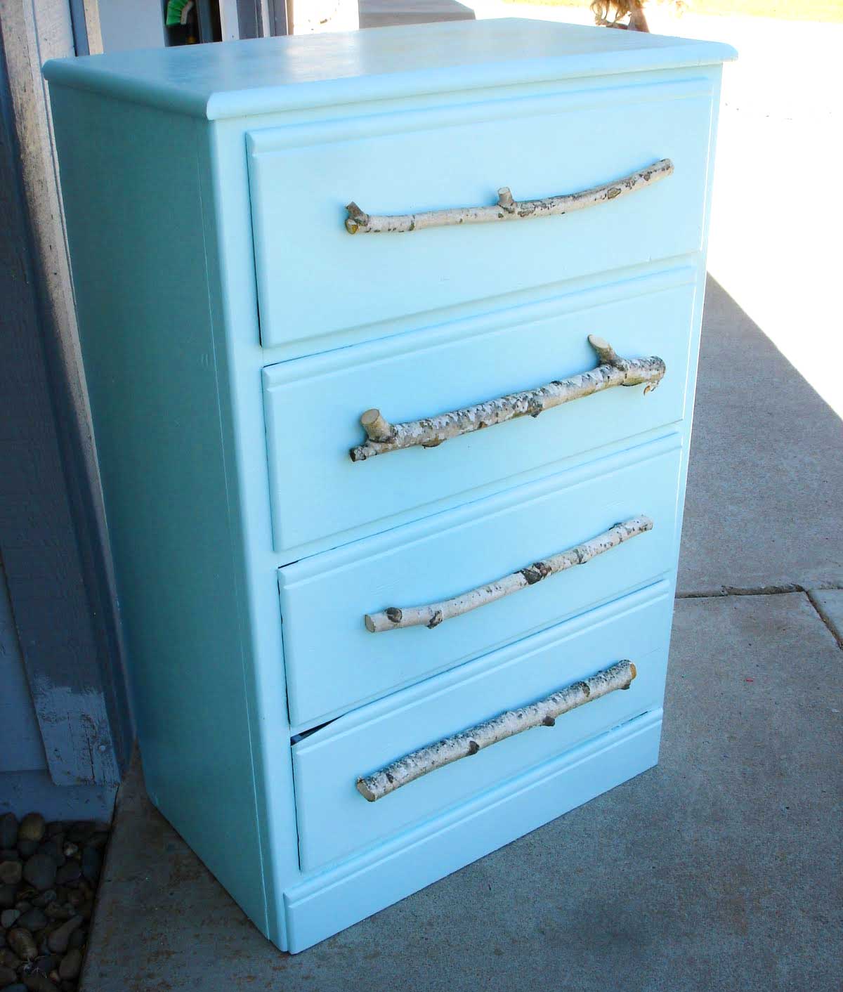 Tree Branch DIY Drawer Pulls on Baby Blue Dresser