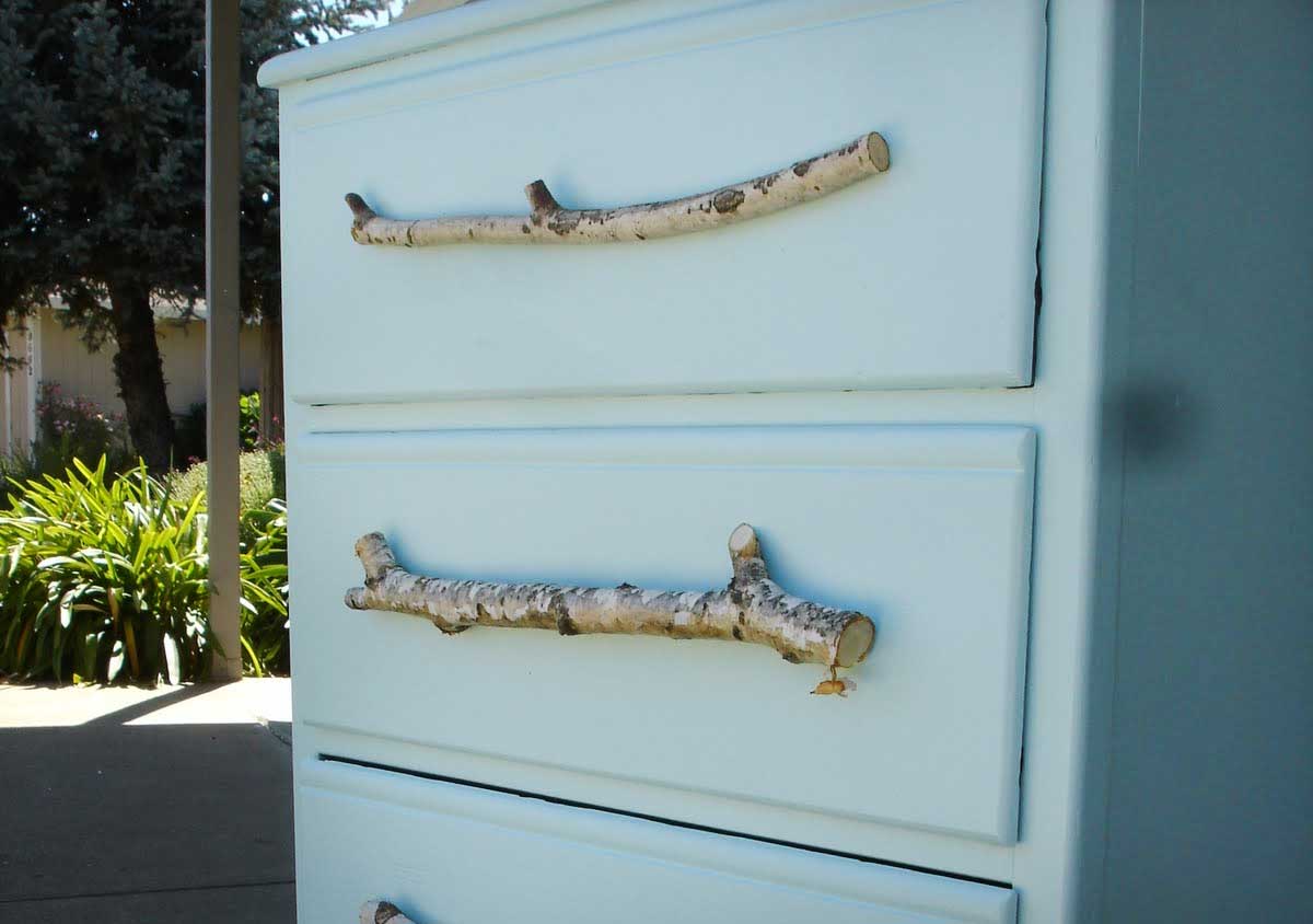 Tree Branches turned into DIY Drawer Pulls for Blue Dresser