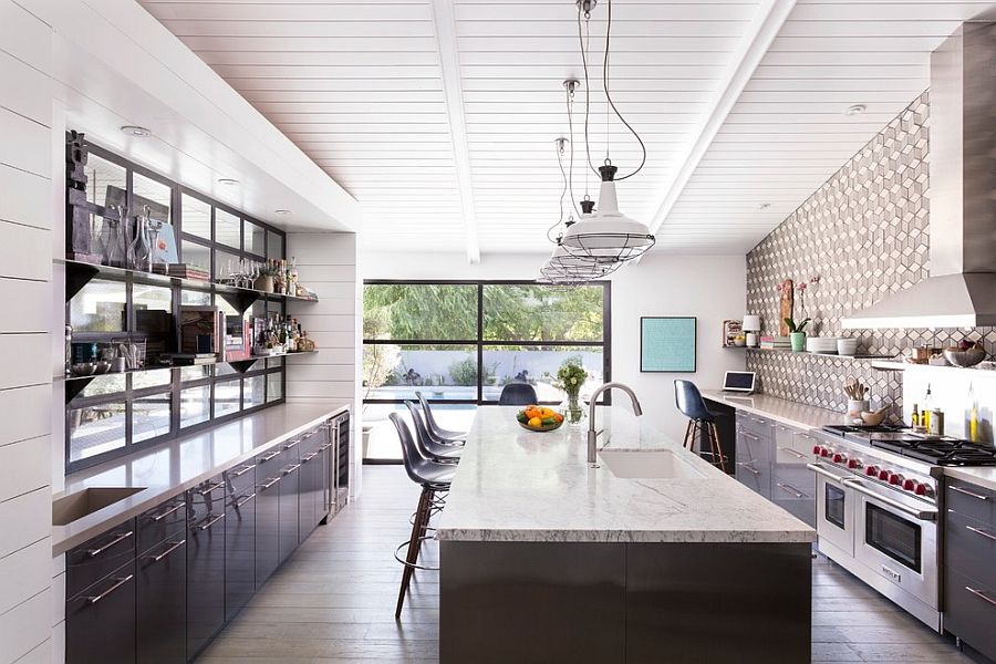 Trendy industrial pendants for the modern kitchen in white [Design: Brown Design Group]