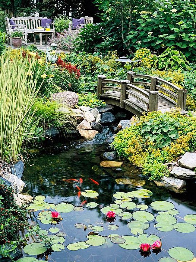 Water garden landscaping idea with a beautiful bridge [From BHG]