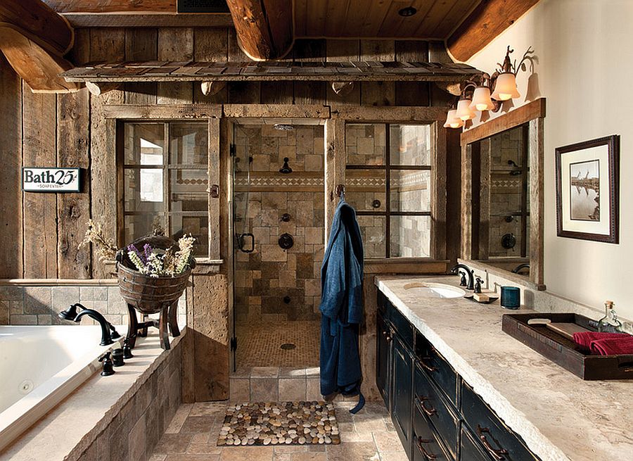 Weathered wood panels bring rustic beauty to this bathroom [Design: M.T.N Design]