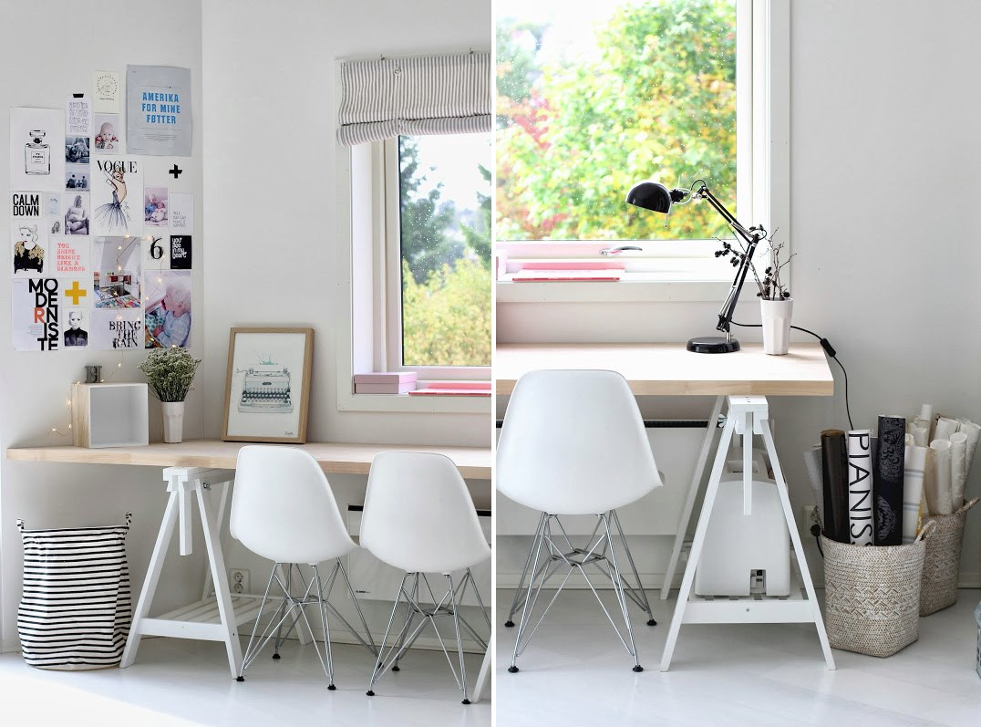 Wood and metal trestle desk in a home office