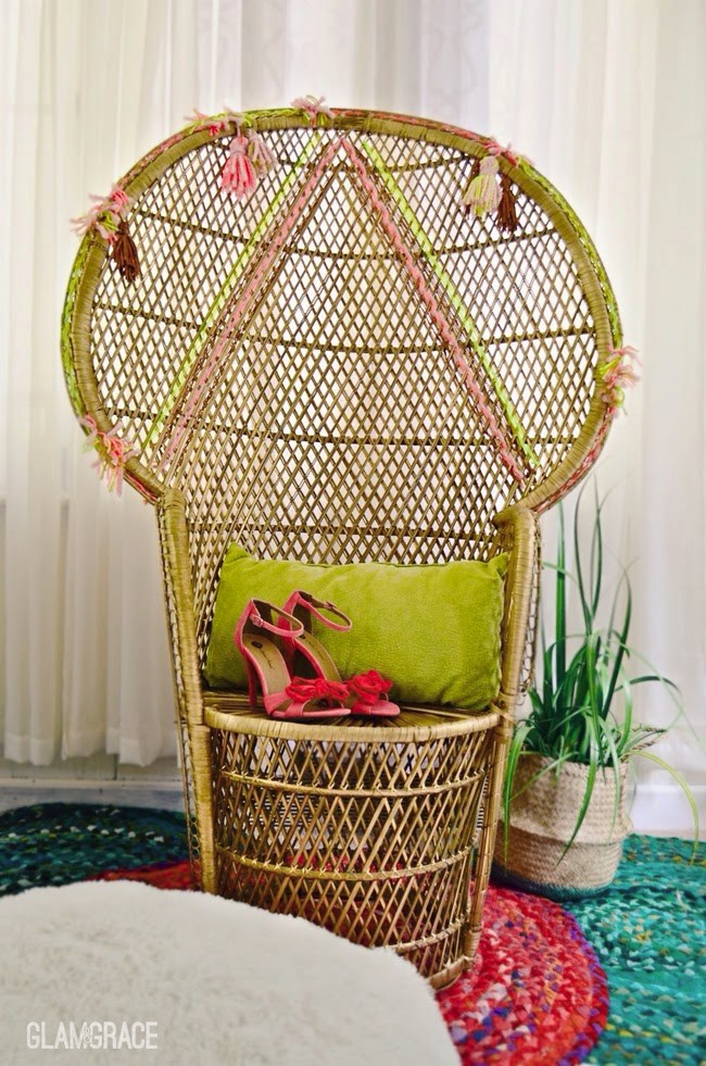 Woven embellishments for a peacock chair makeover