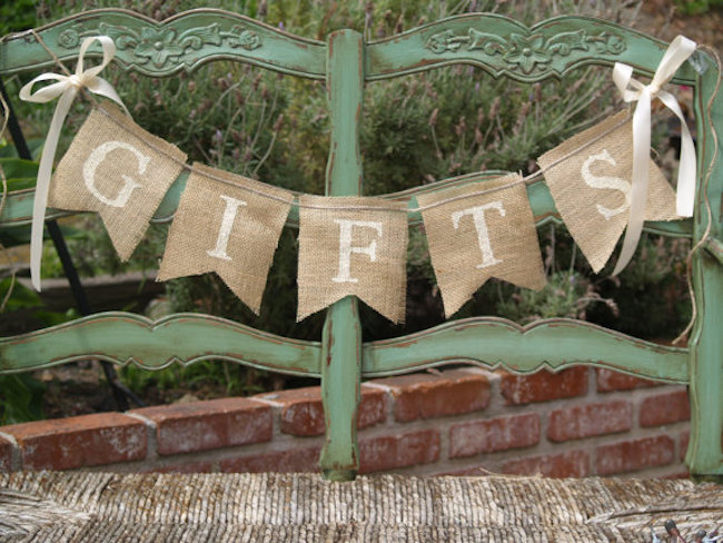 Burlap cut into banner shapes and strung together