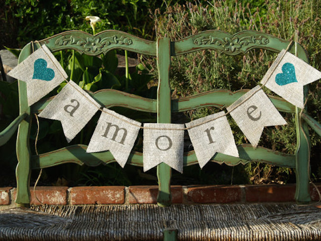 Beautiful burlap banner with a pop of blue