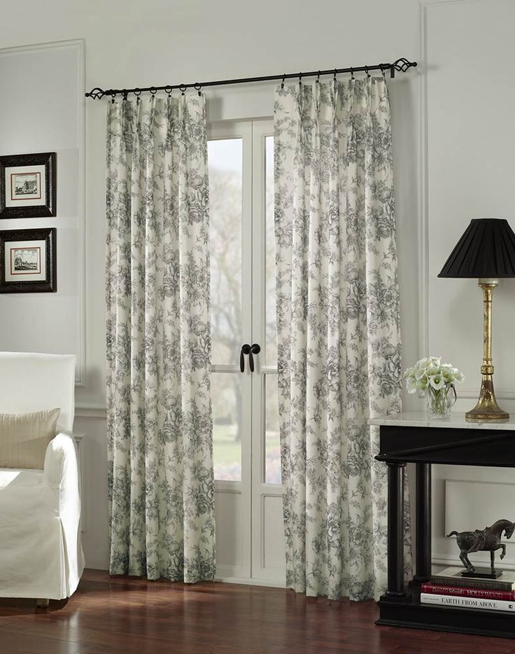 french doors drapes black white toile