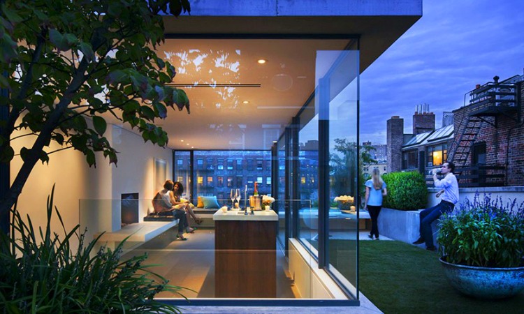 Home bar with rooftop garden and glass walls
