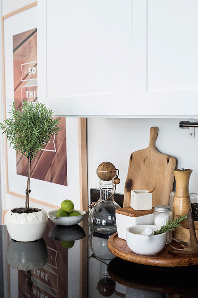 Black tray on the kitchen counter for an organized look