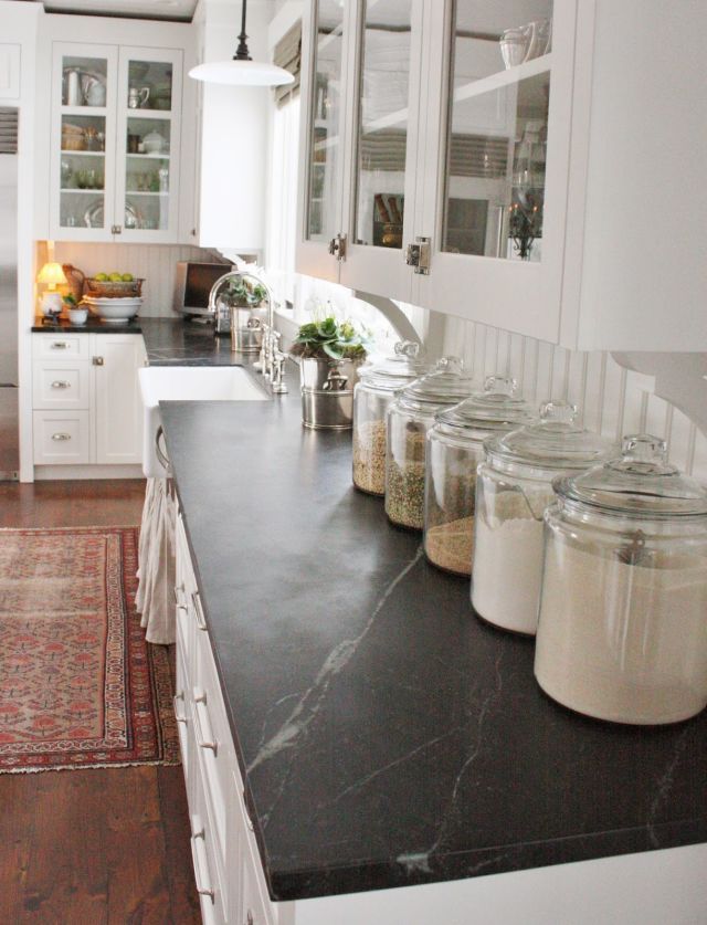 Neatly lined up jars on the kitchen counter