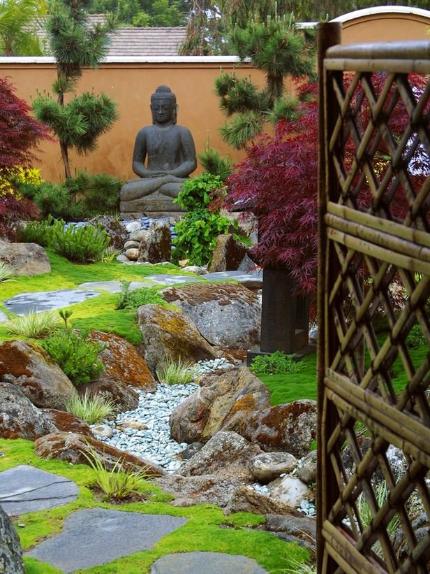 Zen-style garden with Buddha statue